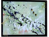 Peinture abstraite et moderne, acrylique tons verts, blanc noir et or